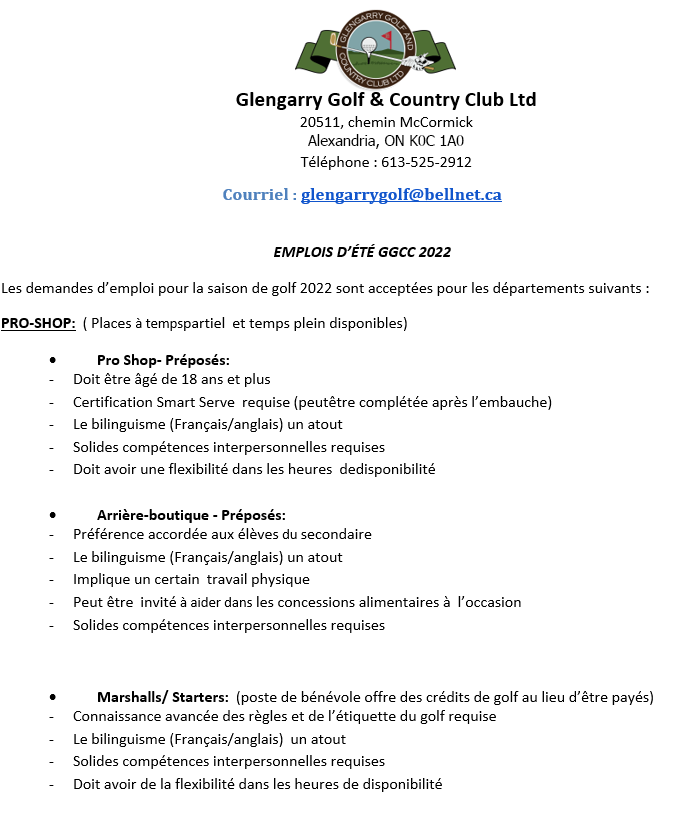 Employment Glengarry Golf Country Club